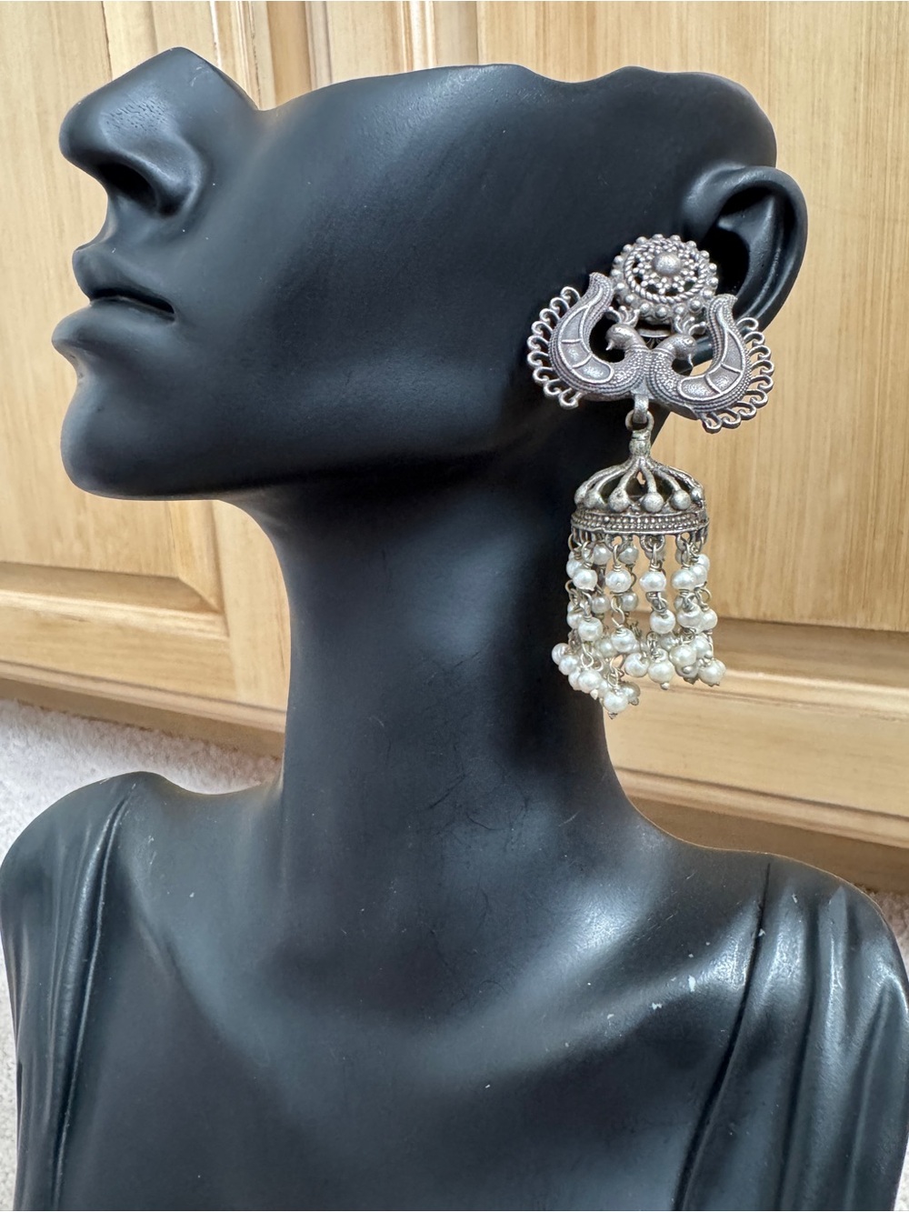 Antique Silver-Tone Jhumka Earrings with Pearl Tassels